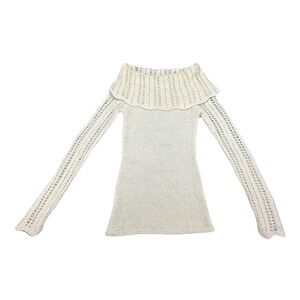 Guess Women VTG Shoulder Knit‎ Sweater With Ruffle Collar Cream Size M